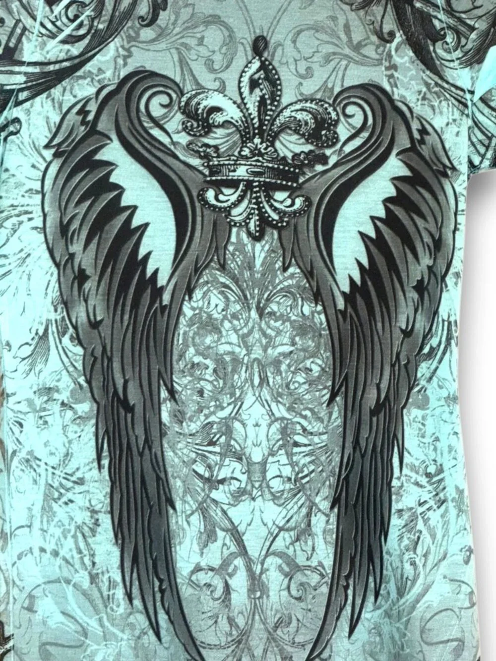 R. Rouge USA Y2K Style Teal Graphic Wing Top Rhinestone Accents Size Medium Fits - Picture 6 of 8